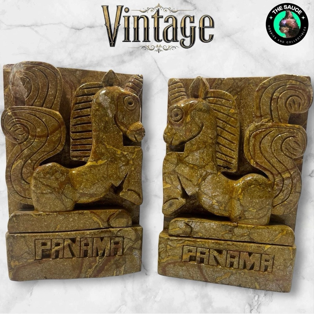 Vintage Panama Unicorn Bookends Hand‎ Carved Stone Tan Mythical Folk Art Decor